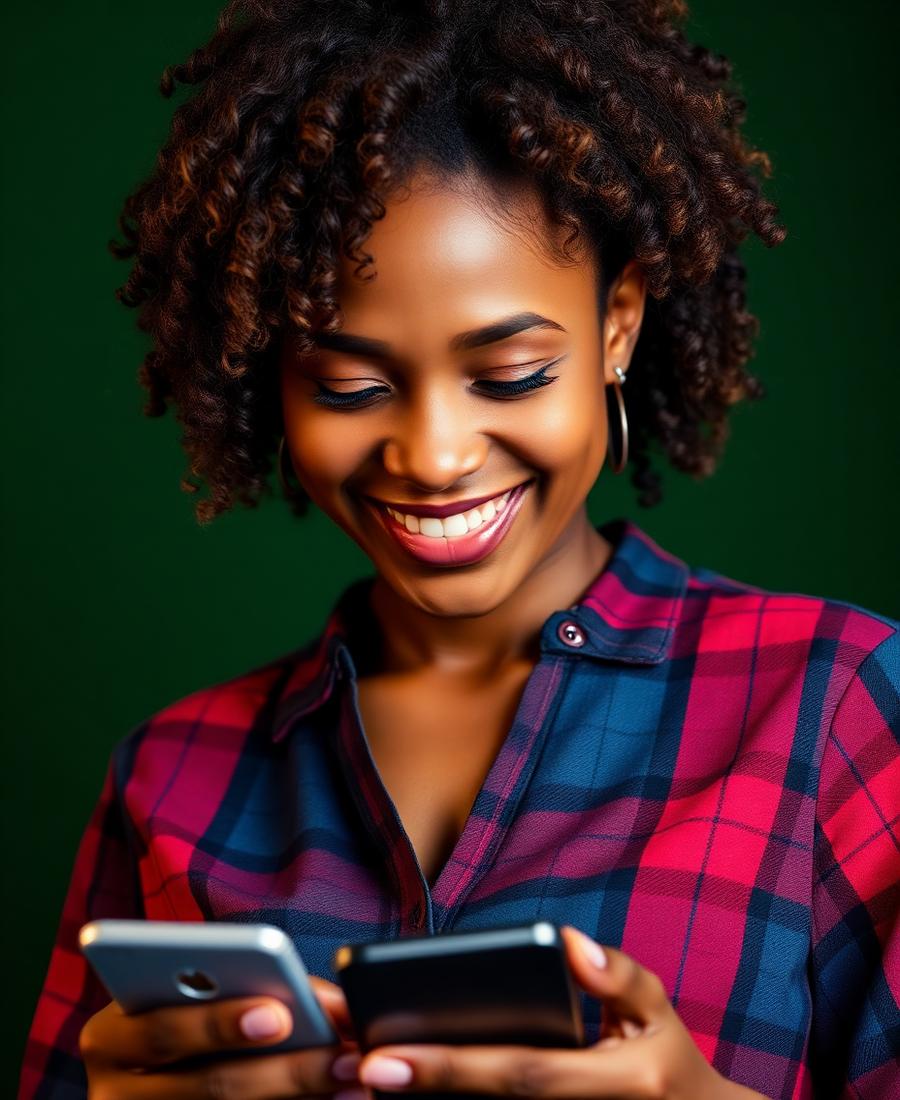 Cliente ListGuadeloupe souriante commandant depuis son téléphone